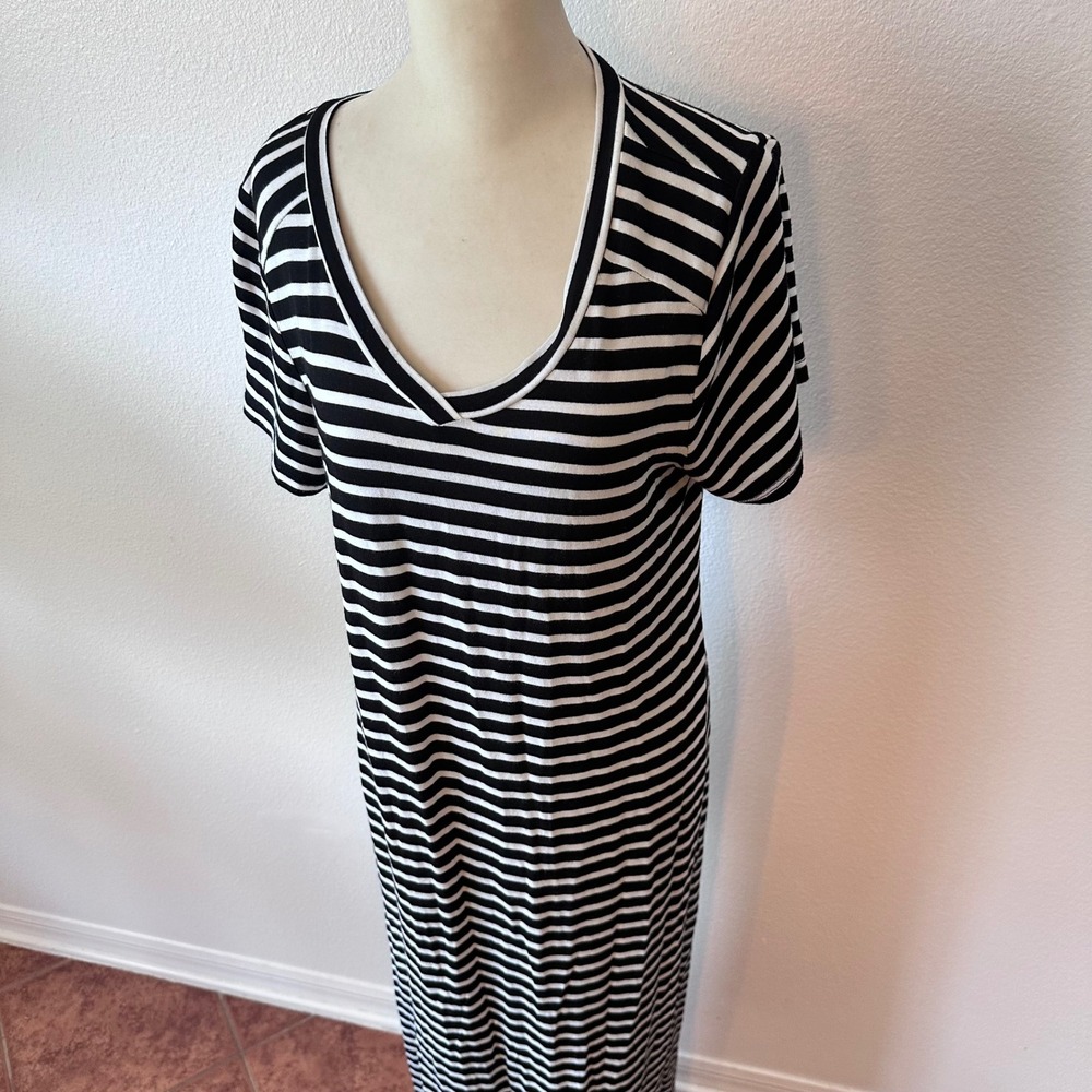 Striped Short Sleeve Preppy Minimalist Maxi Dress Women M Black White